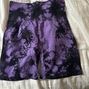 Black and purple tie-dye butt scrunch workout shorts